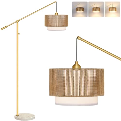 【Upgraded】Arc Floor Lamp for Living Room, Boho Dimmable Swing Arm Floor Lamp with Rattan & Fabric Shades, Gold Rattan Standing Lamp with Marble Base, Farmhouse Adjustable Tall Lamp for Bedroom Office - color: Bohemian-Marble Base-Gold