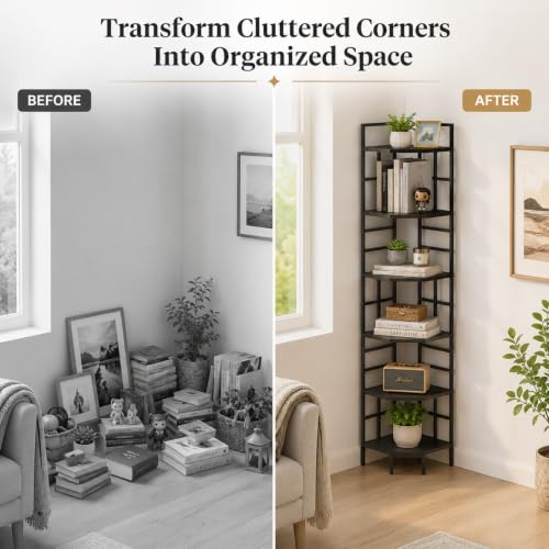 Corner Shelf, 6 Tier Industrial Corner Bookshelf Bookcase, Black | 76.8"Inch Tall,USB LED Light,Anti-Tip Protection, Plant Stand for Living Room, Kitchen, Home Office