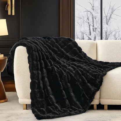 Cozy Bliss Deluxe Sheared Rabbit Faux Fur Throw Blanket, Soft Fuzzy High-Low Sculpted Plush Blanket for Couch, Cozy Home Accent, All Season Use, Black 50"x60" - color: Stripe - Black, size: Throw(50" x 60")