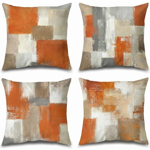 Burnt Orange Modern Abstract Throw Pillow Covers 18x18 Set of 4 | Burnt Orange & Grey Geometric Cushion Cases, modern aesthetic pillowcases for sofa, bedroom & chair. - color: Burnt Orange & Grey, size: 18" x 18" (Pack of 4)