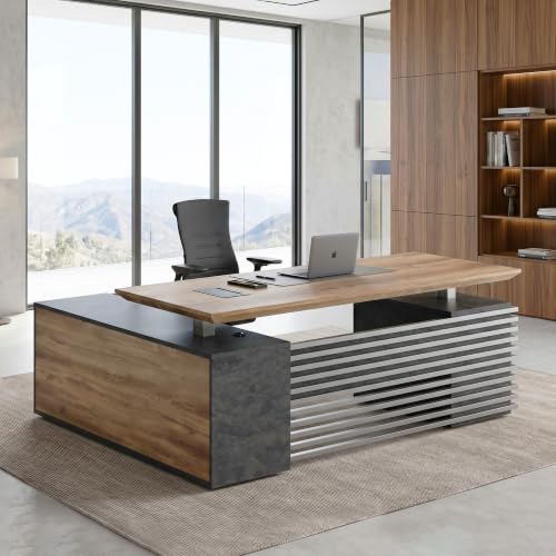 SAINTCY L Shaped Executive Standing Desk with Drawers, 78.74In Large Adjustable Heigh Office Desk with Power Outlet Hub,2.56" Thick Floating Desktop,for Home Office, Studio - color: Right, size: 62.99"D x 78.74"W x 29.5"H