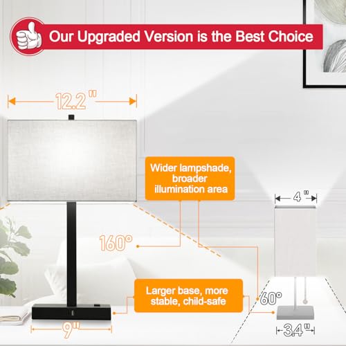 21" Touch Bedside lamps with 2 USB & AC Outlets, 3-Way Dimmable Bedside Table Lamps Set of 2 for Bedroom Living Room Office Reading, Gray Shade Lamps for Night Stands, 5000K LED Bulbs Included - color: (2 Pack)Gray Linen & Matte Black(Base)-5000K Bulbs In