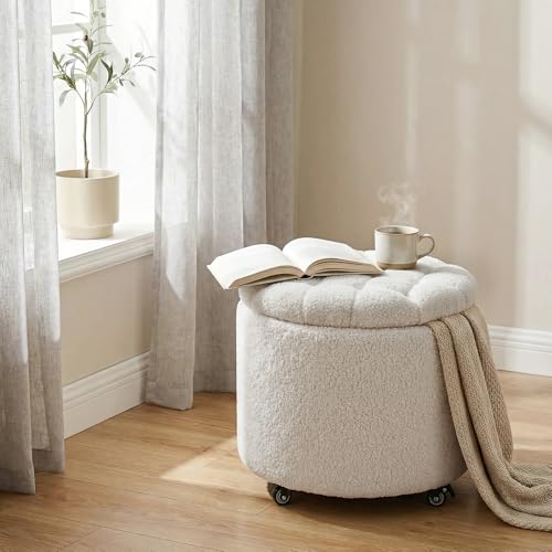 Modern Round Storage Ottoman with Wheels,Button Tufted Ottoman Footstool Ottomans with Removable Lid Storage Footstool for Living Room, Bedroom, Makeup Room, Faux Fur, White - color: White-2