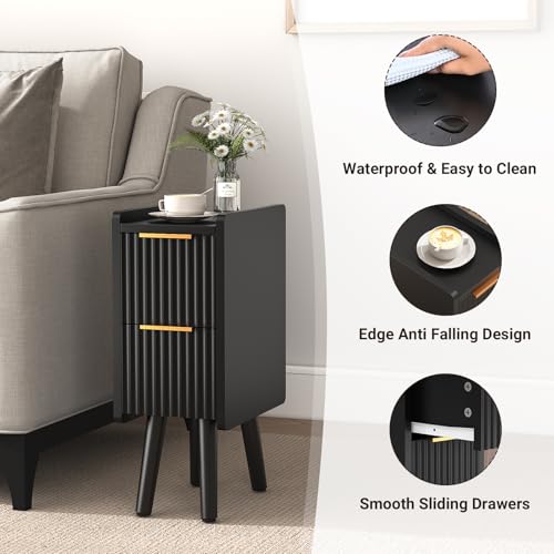 ELYKEN 7.9" Fluted Narrow Nightstand, 20.6" H Skinny Side Table, Black | Compact Design for Small Spaces, 2 Drawers, Modern Black Finish, Perfect as Bedside Table, End Table or Sofa Side Table - color: Black-1 Pcs