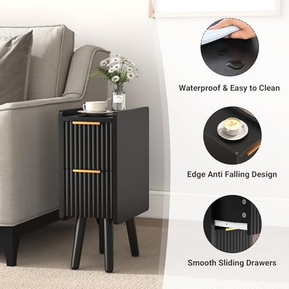 ELYKEN 7.9" Fluted Narrow Nightstand, 20.6" H Skinny Side Table, Black | Compact Design for Small Spaces, 2 Drawers, Modern Black Finish, Perfect as Bedside Table, End Table or Sofa Side Table - color: Black-1 Pcs