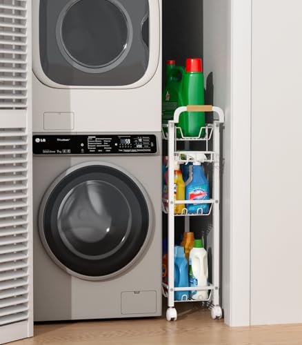 AOODA Laundry Room Cart with Top Detergent Holder, Metal Rolling Storage Cart Between Washer and Dryer, 3 Tier Narrow Laundry Room Organization and Storage with Wheels (White) - color: Arctic White