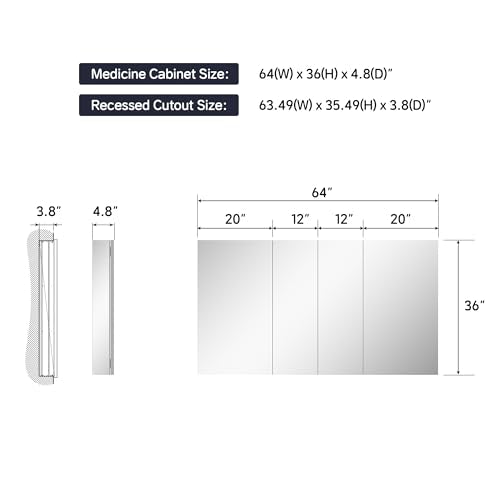 64"x36" Medicine Cabinet with Mirror & Soft Close Hinges, Surface Mount or Recessed Medicine Cabinet with Adjustable Shelves, Bathroom Wall Medicine Cabinet with Storage, Aluminum Alloy Frame, Combo - size: 64" x 36"