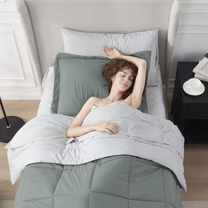 Nestl 5 Piece Twin Comforter Set – Sage Green Reversible Bed in a Bag – Complete Twin Size Bedding Set with Sheets, Pillowcase and Sham - color: Sage Green, size: Twin