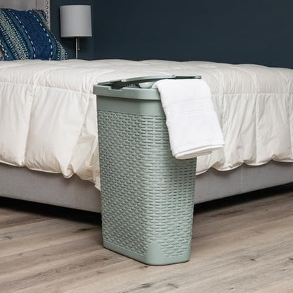 Mind Reader Slim Laundry Hamper with Lid, 40L Clothes Basket, Narrow Tapered Design with Ventilated Cutout Pattern, Plastic, Mint - color: Mint, size: Single