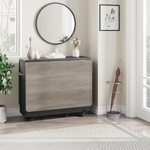 Folding Dining Table with 2-Layer Storage Rack, Drop Leaf Tables, Grey | Small Spaces, Foldable Dining Table with 3 Wheels, Kitchen Table, Dining Room - color: Grey, size: 47.2"D x 23.6"W x 29.5"H