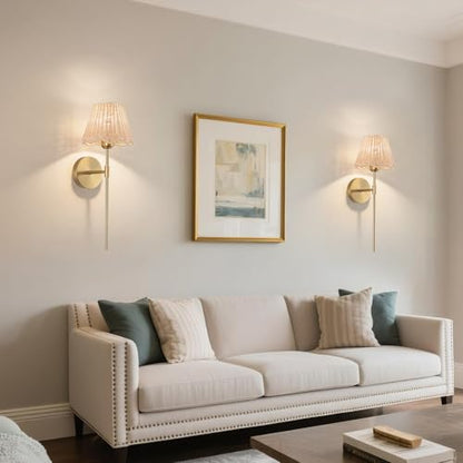 Battery Operated Wall Sconces Set of 2, Rattan Shade Wireless Wall Sconces, RGB Rechargeable Dimmable, Gold Boho Wall Sconce for Bedroom, Living Room, Hallway Bulbs Included - color: Gold 19.6in