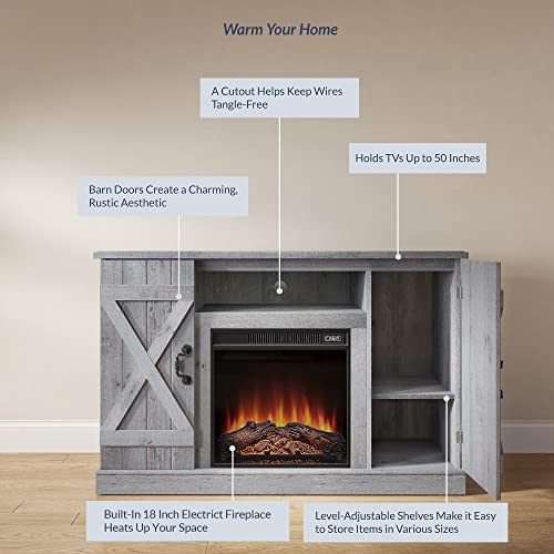 BELLEZE Industrial 47 Inch Rustic TV Stand with 18 Inch Electric Fireplace & Media Entertainment Center Console Table for TV up to 50 Inch with Open Storage Shelves & Cabinets - Light Gray - color: Light Gray, style: 47" TV Stand/W 18" Fireplace