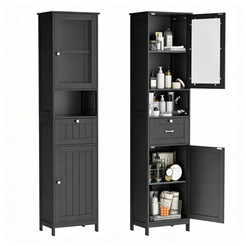 Greenvelly 67" Tall Bathroom Storage Cabinet, Narrow Freestanding Storage Unit with Magnetic Door, Drawer & Adjustable Shelves, Anti-Tip Floor Cabinet for Bathroom, Living Room, Black - color: Black