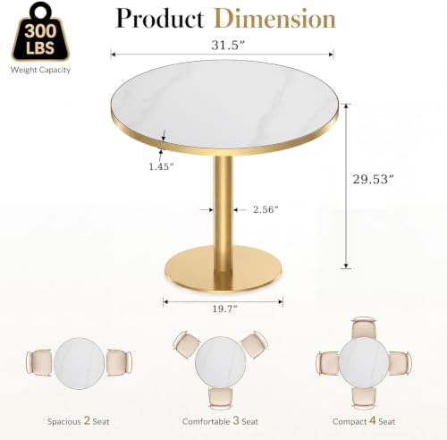 31.5" Round Dining Table, Glossy Sintered Stone Circle Tulip Table with Gold Pedestal, Modern Dining Room Table for Kitchen, Cafe, Living Room (White with Gold) - color: White With Gold