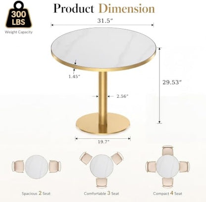 31.5" Round Dining Table, Glossy Sintered Stone Circle Tulip Table with Gold Pedestal, Modern Dining Room Table for Kitchen, Cafe, Living Room (White with Gold) - color: White With Gold