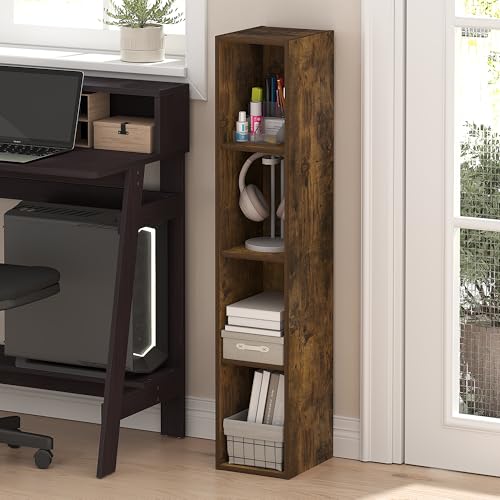 Furinno Fulda Book Shelf, 4-Tier Narrow Bookshelf, Standing Bookcase with 8-in Width Storage Shelf, 9.3 x 7.9 x 41.6, for Organization and Storage, for Living Room, Bedroom, Home Office, Amber Pine - color: Amber Pine, size: 4-Tier, 8W