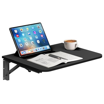 HOOBRO Folding Table, Wall Mounted Floating Desk with Iron Bracket, Drop Leaf Table for Small Spaces, Kitchen, Laundry Room, Home, Office, Black BK054BZ01 - color: Black