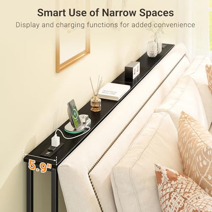 ELYKEN 47.2" Narrow Console Table with Outlet, Sofa Table Behind Couch | Extra Long Skinny Entryway Tables with Charging Station for Living Room, Hallway, 5.9 x 47.2 x 29.5in, Black - color: Black, size: 5.9"DX47.2"WX29.5"H