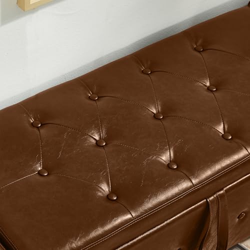 Storage Bench, 48‘’ Upholstered PU Leather Ottoman Bench with Button-Tufted, Folding Bedroom Bench with Wood Legs, Entryway Bench for Bedroom, Brown - color: Brown