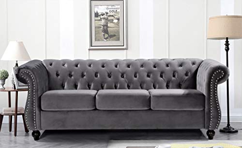 GDFStudio 82.6" Velvet Sofa Set, Modern Living Room Couch Set, Upholstered Sofa Loveseat Chair Set, Chesterfield with Button Tufted Back Rolled Arms Wood Tapered Feet for Apartment Living Room, Gray - color: Grey, size: 3+2+1 Seat