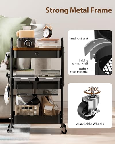 ALVOROG 3 Tier Metal Rolling Cart with Drawer,Wood Top,Pegboards,Black | Storage Utility Cart with Drawers,Pegboards,Lockable Wheels,Baskets,Hooks for Kitchen,Office,Bedroom,DIY Supplies - color: Black
