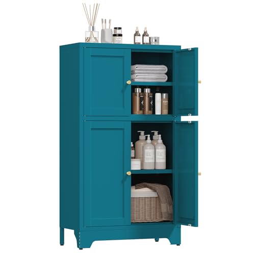 43" H Blue Small Kitchen Pantry Cabinet,Metal White Pantry Cabinets with Doors,Small Storage Cabinets,Food Pantry Cabinet with 4 Doors and Shelves for Kitchen and Dining Room - color: Blue, size: 43"H-4Doors