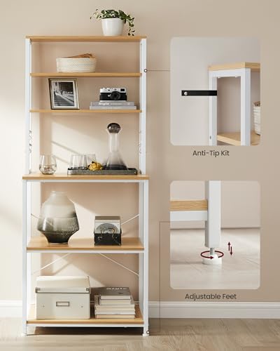 VASAGLE Coffee Bar, 23.6 Inches 6-Tier Baker's Rack with 6 Hooks | Modern Basic Microwave Stand, 23.6 x 15.7 x 65.7 Inches, Golden Oak and Cloud White, BARNET Collection UKKS024W09 - color: Golden Oak + Cloud White, size: 23.6"W, style: No Power Outlet