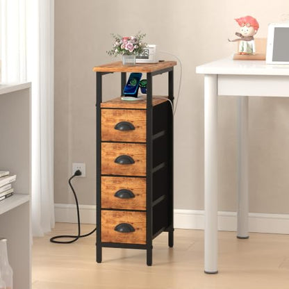sthmec Nightstand with Charging Station, Narrow Night Stand Set of 2 with 4 Drawers, Skinny Side Table with Fabric Drawers,Slim Sofa Couch Tables for Small Spaces,Living Room,Bedroom,Rustics Brown - color: Rustic Brown, style: Power