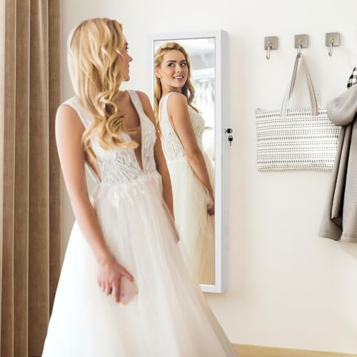 Jewelry Armoire Door Wall Mounted Mirror with Storage And Drawers | 47.3"LED Jewelry Cabinet with Mirror with Storage And Drawers White - color: Off White, size: 47.3*14.6 LED Mirror