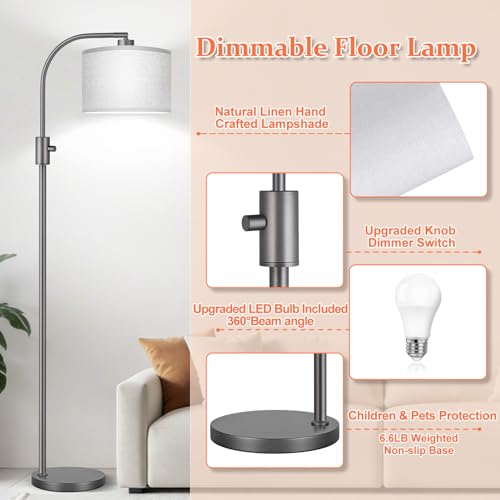Nintiue Upgraded Modern Arc Dimmable Tall Standing Floor Lamp with Gray Shade, 1200 Lumens LED Bulb Included, for Living & Reading Room, Bedroom, Office & Nursery, Gray - color: Gray-Gray Shade