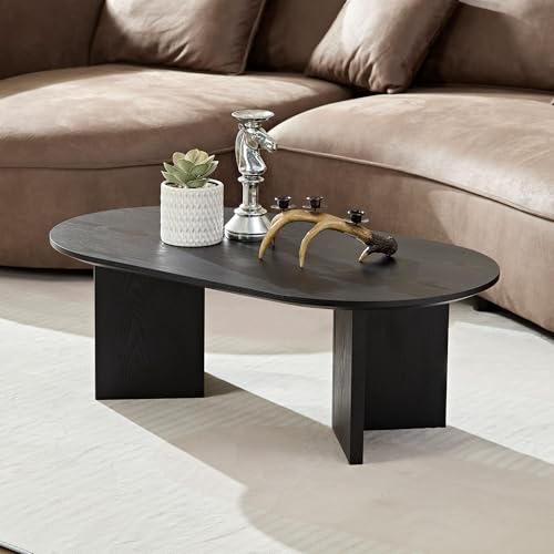 39.37'' Oval Modern Coffee Table With Sturdy Pedestal For Living Room, Bedroom, Apartment, Office, Black - color: Black, size: 39.37"x21.65"x13.78"