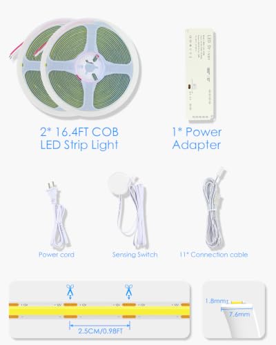 Warm White Under Shelf Lights Strip with Hand-Sweep On/Off 32.8FT 12V 3000K | 2 Rolls of 16.4ft 100W,Self-Adhesive Dimmable COB LED Strips Light,Cuttable DIY Shelf Lighting for Bookshelf Pantry Closet - color: Warm White, size: 10M