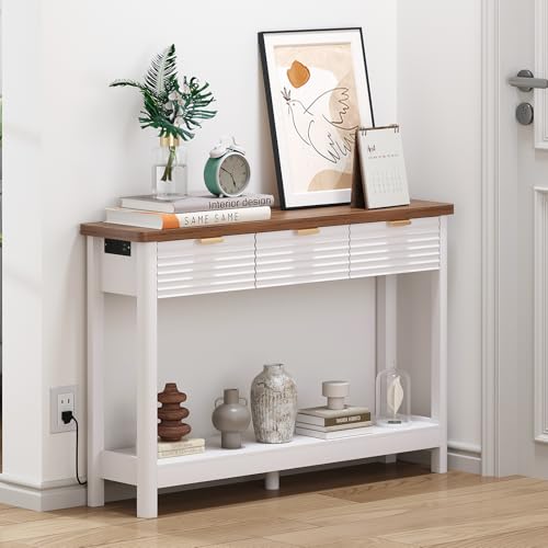 Fluted 47.2" Console Table with Outlets and USB C, Narrow Entryway Table with 3 Drawers, Modern Farmhouse Wood Sofa Table Behind Couch for Living Room, White & Walnut - color: Entryway Table-white