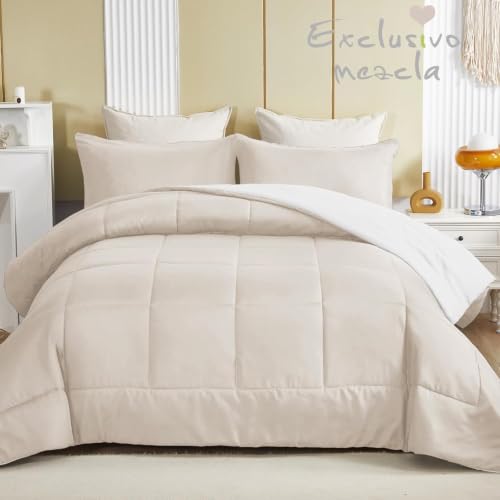 Exclusivo Mezcla Reversible Soft Full Comforter Set, 3 Pieces | Brich Beige/ White Lightweight Microfiber Down Alternative Comforters, All-Season Bedding with 2 Pillow Shams - color: Brich Beige/ White, size: Full(82''x86'')