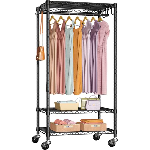 Rolling Clothes Rack, Clothing Racks for Hanging Clothes, Black | P6 Medium Heavy Duty Garment Rack with Wheels, Freestanding Portable Closet Rack with Shelves, 30 In Wide, Max Load 370 LBS - color: Black, size: P6 Medium