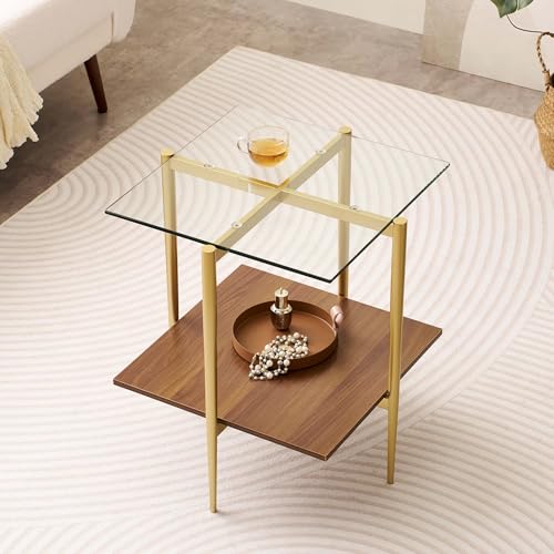 LumFurn Square Glass End Table, Mid-Century Modern Side Table for Living Room, L18xW18xH23inch, Clear Glass and Walnut MDF Wood, Gold Finish Frame - color: L18" Clear & Walnut