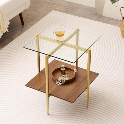 LumFurn Square Glass End Table, Mid-Century Modern Side Table for Living Room, L18xW18xH23inch, Clear Glass and Walnut MDF Wood, Gold Finish Frame - color: L18" Clear & Walnut