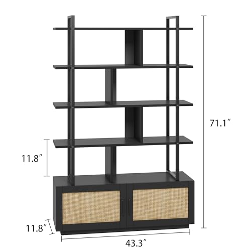 IDEALHOUSE 5 Tier Rattan Bookshelf with Storage Cabinet & Door, 71.1 Inch Tall Industrial Book Shelf with Open Display Shelves, 5 Shelf Bookcase with Metal Frame for Living Room, Bedroom -Black - color: Black