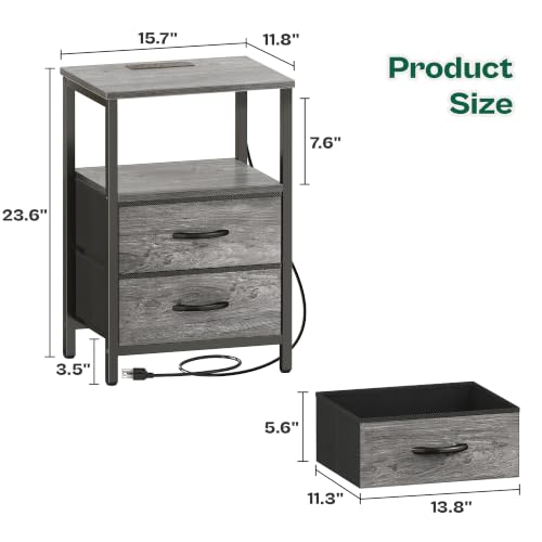 Huuger Night Stand with Charger Station and LED Lights, 2 Drawer Nightstand | Bed Side Table with Open ShelfEnd TableFabric Drawers for Bedroom, Grey - color: Grey, size: 11.8"D x 15.7"W x 23.6"H（2 Drawers）