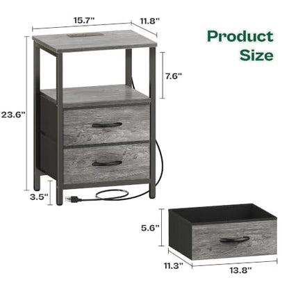 Huuger Night Stand with Charger Station and LED Lights, 2 Drawer Nightstand | Bed Side Table with Open ShelfEnd TableFabric Drawers for Bedroom, Grey - color: Grey, size: 11.8"D x 15.7"W x 23.6"H（2 Drawers）