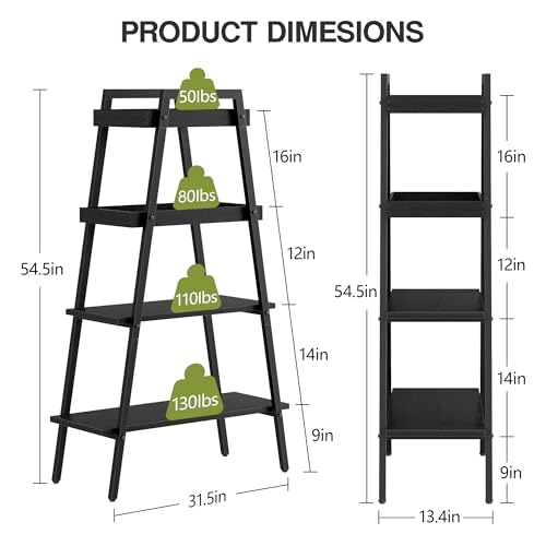 VECELO Ladder Shelf, 4 Tier Wooden Bookshelf with Metal Frame, Freestanding Bookcase Display Shelves and Plant Stand for Living Room/Farmhouse/Bedroom/Home Office-Black - color: Black