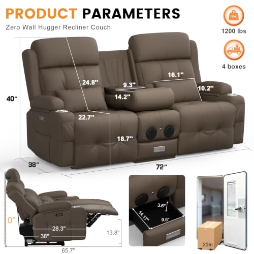 Home Theater Seating, Power Loveseat Recliner Sofa with Massage & Heat | Wall Hugger Reclining Loveseat with USB, RV Couch with LED Lights, Flip Backrest, Cup Holders for Movie Theater, Gaming Room - color: Pebbled Khaki Brown, size: 72" - 2 Seats