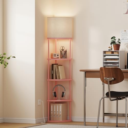 Qupui Floor Lamp with Shelves, 61.5" 5-Tier, 3-Color LED, Pink | Fabric Shade With Soft Cozy Light. 3 Color Temperatures 12W LED. 5 Tiers, 22 Lbs Each. Durable Composite Panels, Metal Frame - color: 5-Tier Pink