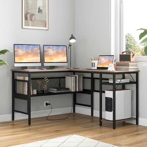 COSTWAY L Shaped Desk with Charging Station, 55” Reversible Corner Computer Desk with Mesh Storage Shelves, CPU Stand, 2 Person Gaming Desk Computer Workstation for Home Office | with Mesh Storage Shelves, CPU Stand, 2 Person Gaming Desk Computer Workstat