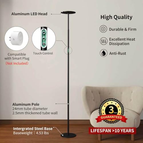 60W Torchiere Lamp, 76'' Dimmable Tall Lamp, Bright Sky Floor Lamp | 4000K, 360° Gooseneck, Height Adjustable, Touch Control, CRI 95, Aluminum Panel, for Living Room Bedroom Office Plant Light - color: Touch Control