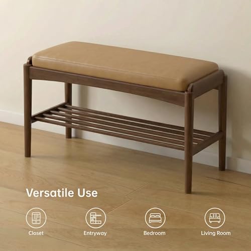 Black Walnut Shoe Bench Assembled, Solid Wood Shoe Rack Bench with Silicone Leather Cushion for Entryway, Living Room, Bedroom, Hallway - color: Brown Cushion, size: 31.5"W
