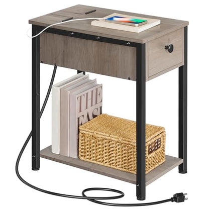 HOOBRO End Table with Charging Station, Narrow Side Table, Small Nightstand, Bedside Tables with Drawer and Storage Shelves, for Small Spaces, Living Room, Bedroom, Greige and Black BG041BZ01G1 - color: Greige+black