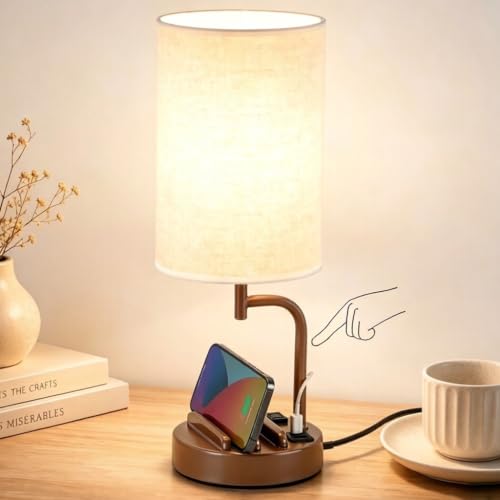 Dreamholder Touch Control USB Table Lamp with USB C/A & AC Outlet, 3-Way Dimmable Bedside Lamp, Modern Nightstand Lamps for Bedroom Living Room Guest Room Office, Bulb Included, Brown - color: Brown