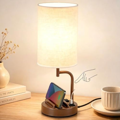 Dreamholder Touch Control USB Table Lamp with USB C/A & AC Outlet, 3-Way Dimmable Bedside Lamp, Modern Nightstand Lamps for Bedroom Living Room Guest Room Office, Bulb Included, Brown - color: Brown