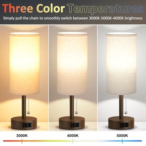 Brown Bedside Table Lamps Set of 2 - Bedroom Lamp for Desk, AC Outlet | 3CCT(3000K/4000K/5000K), LED Bulbs Included, Beige Fabric Lampshade, 14in Small Lamp for Nightstand, Guest Room, Living Room - color: Brown, size: 14.0in